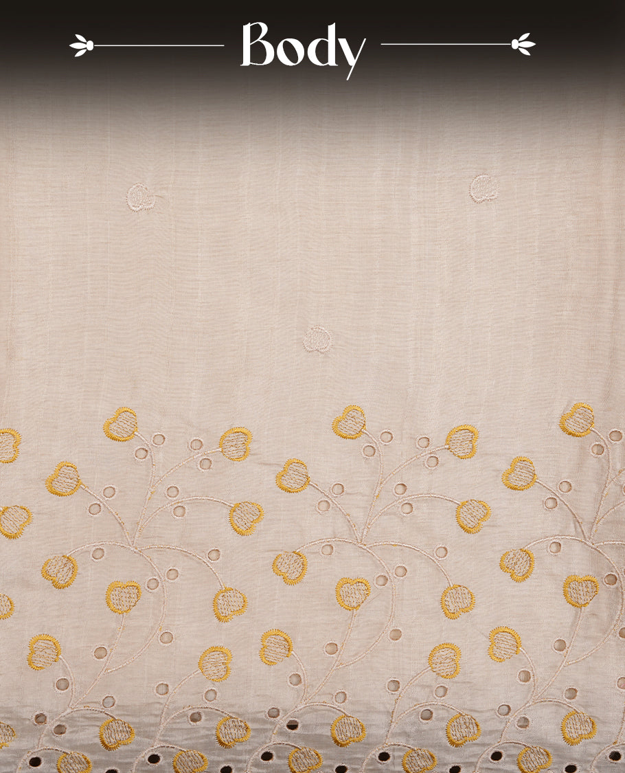 Beige colour Tussar silk saree featuring Elegant plain body, highlighting Yellow colour thread floral kodi worked scalp border, pallu and paired with matching blouse piece.