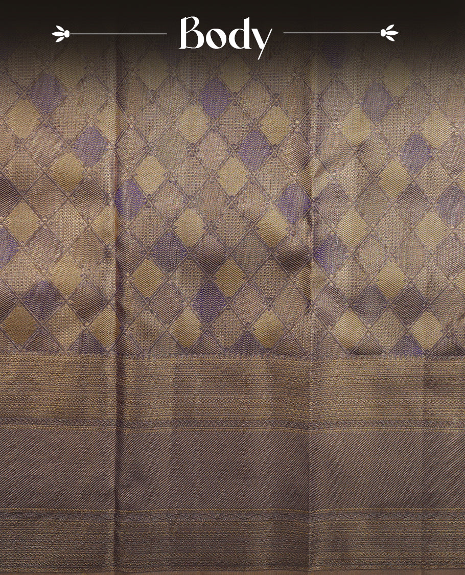 Indigo & gold double shade colour kancheepuram tissue silk saree highlighting gold Geometric zari pattern body, with self colour colour with traditional border and paired with matching blouse.