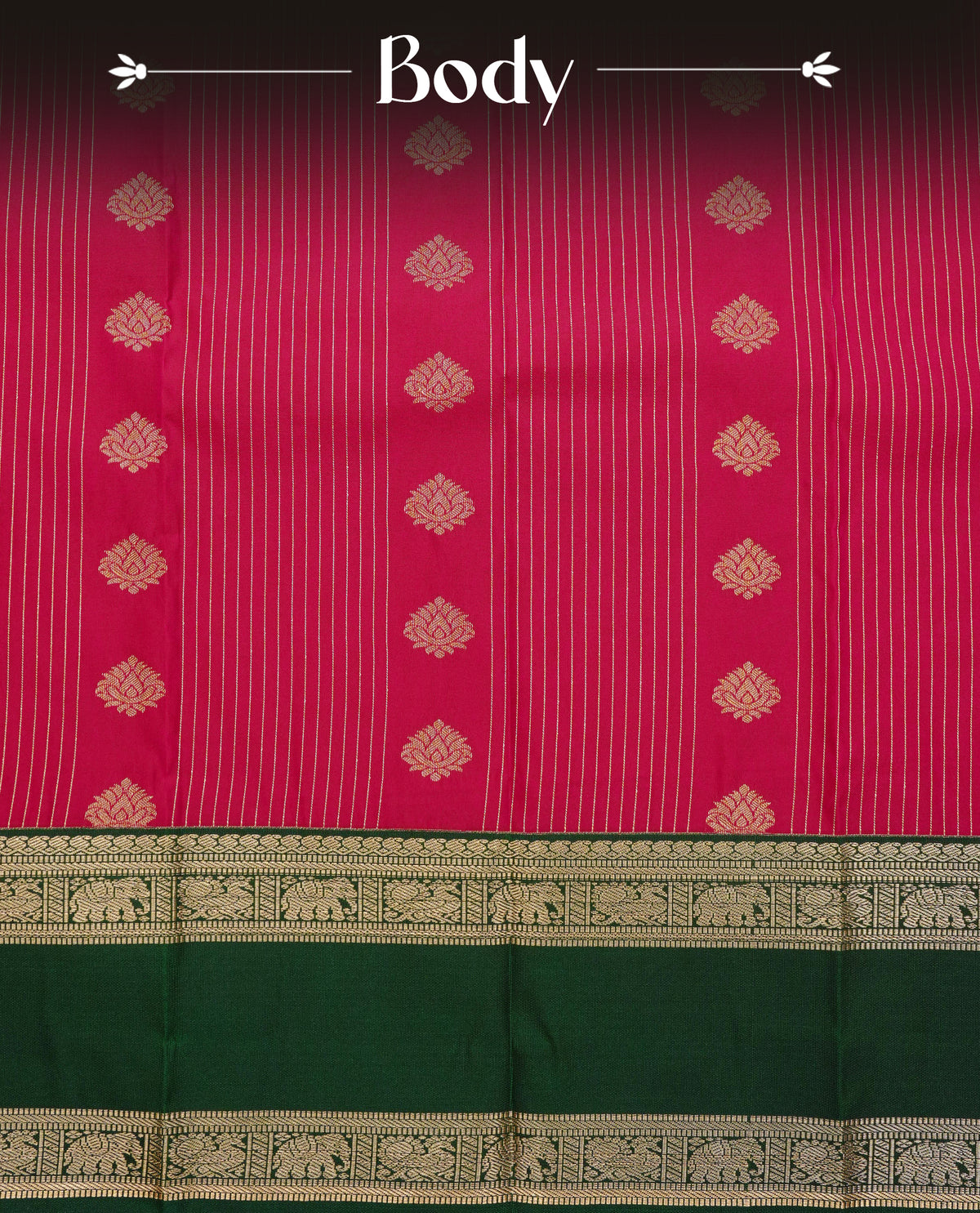 Dark pink colour soft silk saree featuring gold zari stripes florals on body, contrast dark green colour gold zari elephant & peacock motifs on border, grand pallu comes with matching blouse piece.