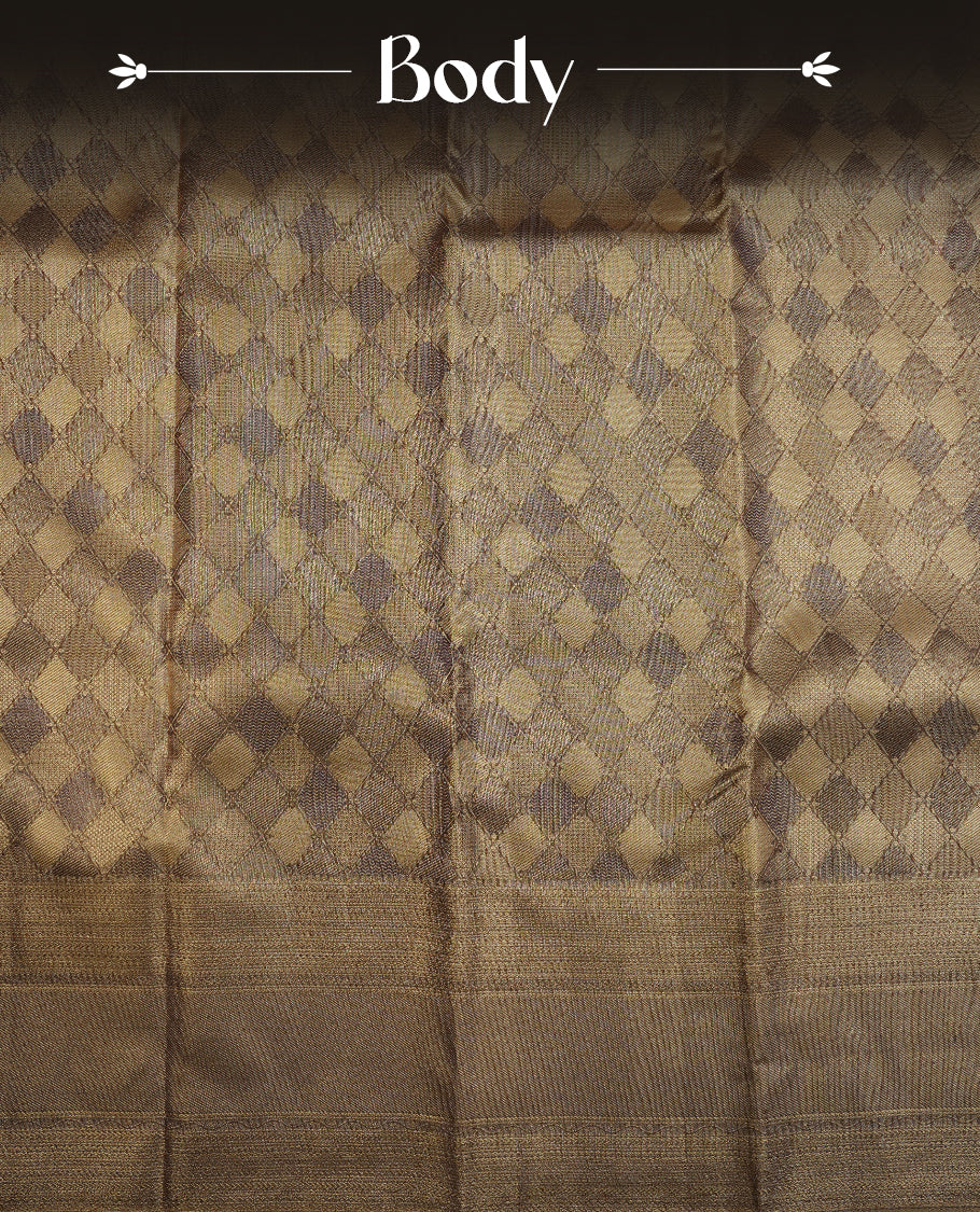 Gray & gold double shade colour kancheepuram tissue silk saree highlighting gold Geometric zari pattern body, with self colour colour with traditional border and paired with matching blouse.