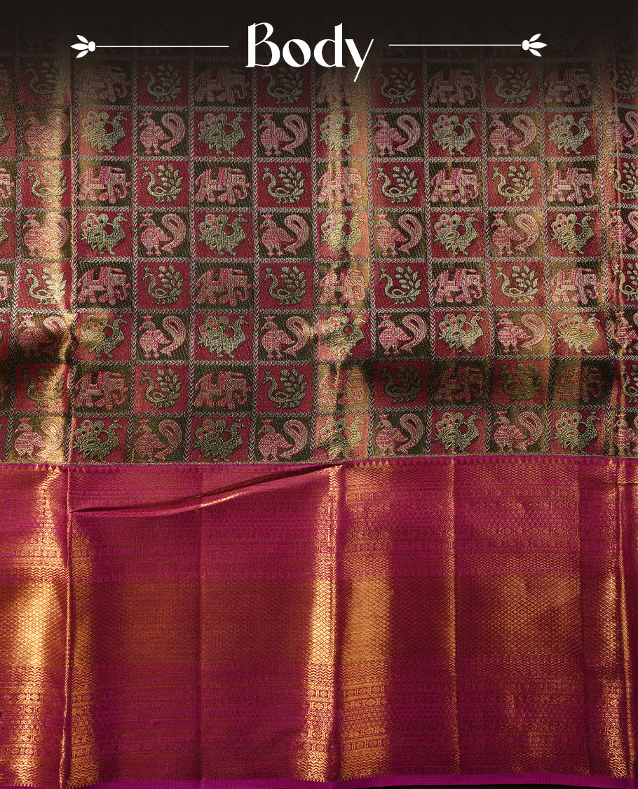 Gold, magenta, green multi colour kancheepuram tissue silk saree featuring gold zari Bird inside box pattern on body, complemented by contrast magenta colour with traditional border, paired with matching blouse piece.
