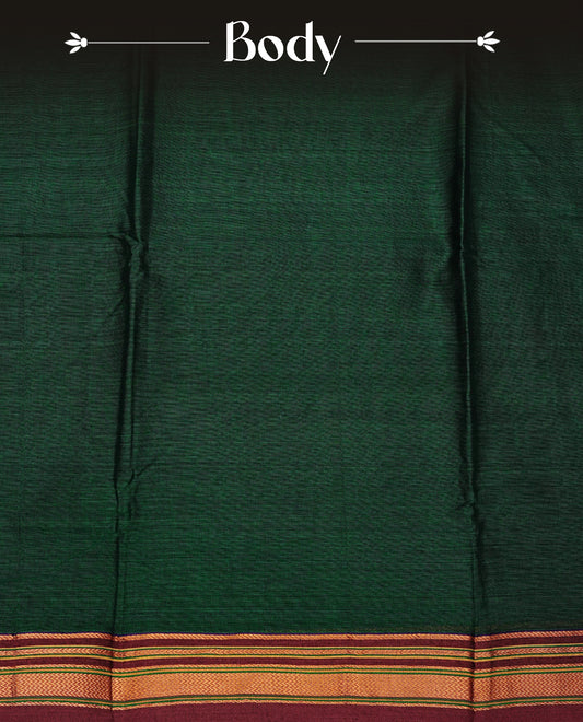 Bottle green colour Narayanapattu cotton saree with a plain body, complemented by a Maroon colour with elegant gold zari detailing border & contrast striped pallu, paired with a matching blouse piece.
