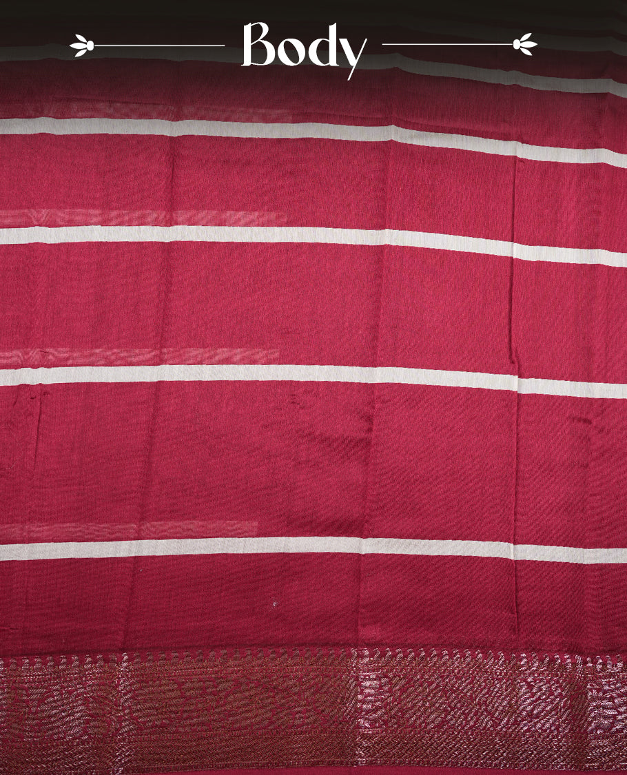Red colour chanderi silk saree featuring white stripped print pattern across body, with Antique zari pattern border and paired with matching blouse.