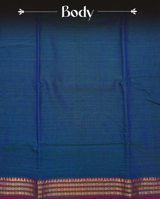 Teal Blue colour Narayanapattu cotton saree with a plain body, complemented by a magenta colour with Gold Zari border & contrast pallu, paired with a matching blouse piece.