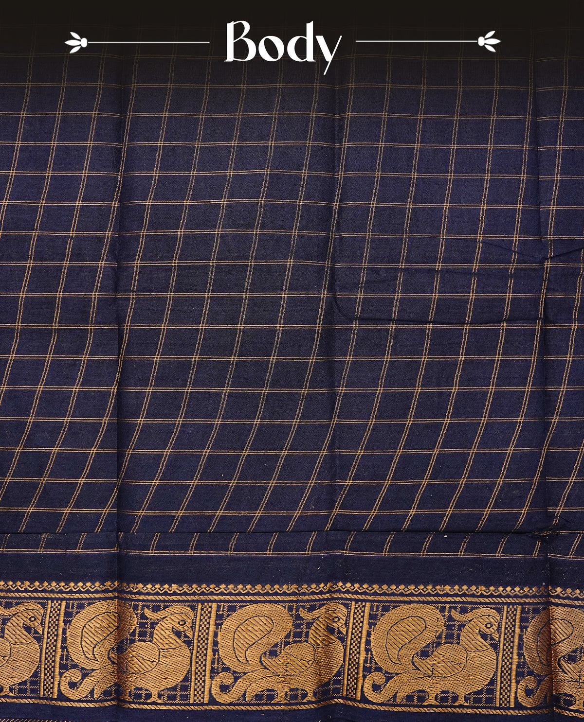 Navy blue Sungudi cotton saree featuring elegant gold zari checks across the body, complemented by a rich gold zari peacock border. Paired with a matching blouse piece