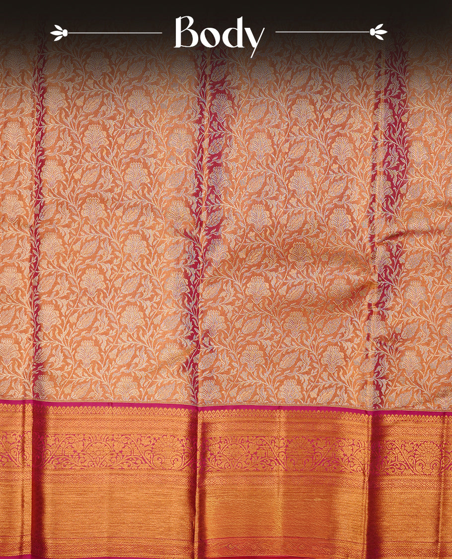 Gold & magenta double shade colour kancheepuram tissue silk saree featuring gold zari pattern across body, complemented by contrast magenta colour border traditional zari border, paired with matching blouse piece.