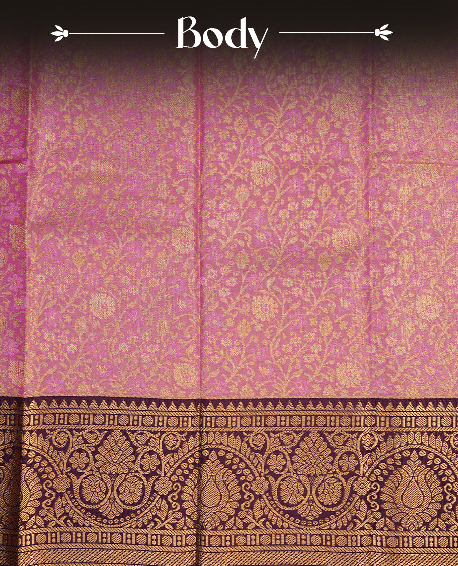 Pink & gold double shade colour semi tissue silk saree featuring gold zari floral kodi pattern on body, contrast purple colour with gold zari traditional border, paired with matching blouse piece.