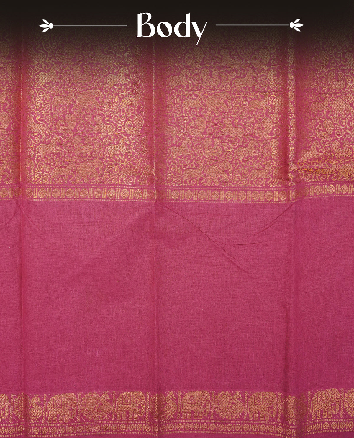 Magenta  Colour Sungudi Cotton Saree with gold zari elephant & Peacock motifs on the body, a self zari border, and a rich gold zari pallu. Paired with a Contrast Navy Blue colour blouse Piece featuring a gold zari border.