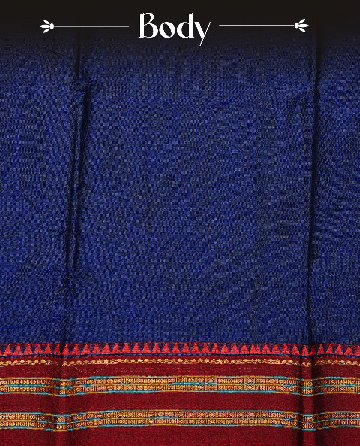 Blue colour Narayanapattu cotton saree with a plain body, complemented by a Maroon colour with elegant gold zari detailing border & contrast striped pallu, paired with a matching blouse piece.