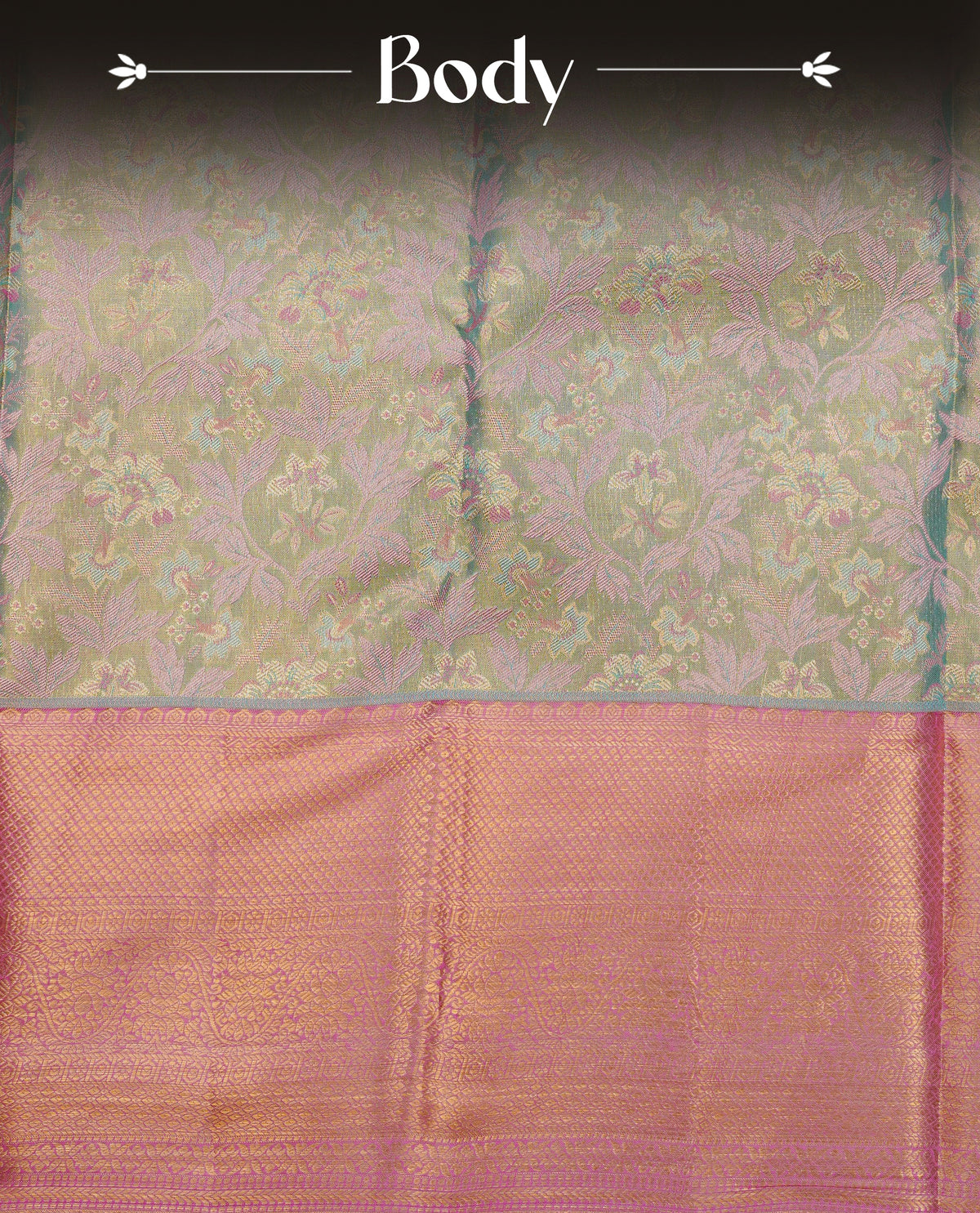 Light gold & blue double shade colour pure tissue silk saree featuring pink zari floral kodi pattern on body, complemented by contrast pink colour with traditional border, comes with matching blouse piece.