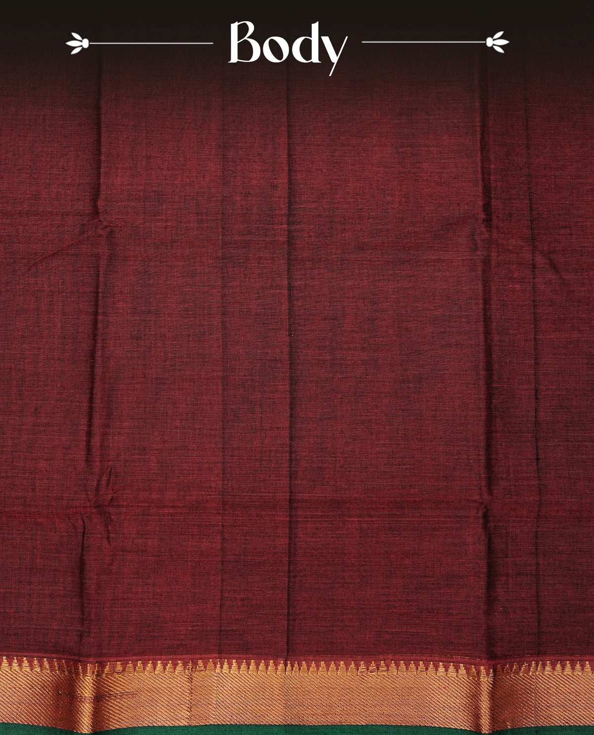 Maroon colour  Narayanapattu cotton saree with a plain body, complemented by a Green colour with Gold Zari temple designed border & contrast pallu, paired with a matching blouse piece