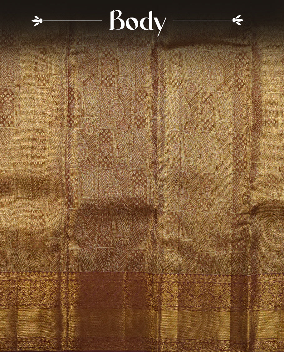 Brown & gold double shade colour kancheepuram tissue silk saree highlighting gold zari pattern body, with contrast Muted brwon colour colour with traditional border and paired with matching blouse.
