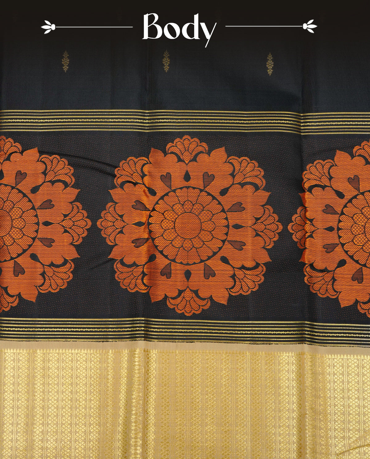 Black colour Traditional Kancheepuram silk saree featuring Gold zari Buttas, complemented by contrast beige colour with Orange zari floral pattern with traditional border, comes with matching blouse piece.