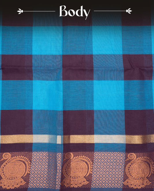 Grape & Blue colour chettinad cotton saree featuring check pattern on body, complemented by Self Colour with Copper zari border, comes with matching blouse piece.