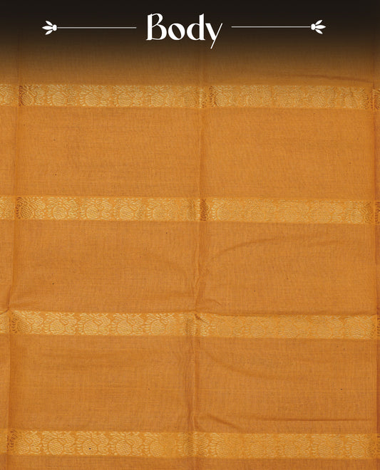 Mustard yellow Sungudi cotton saree featuring elegant gold zari striped Peacock pattern across the body, complemented by a contrast border. Paired with a matching blouse piece