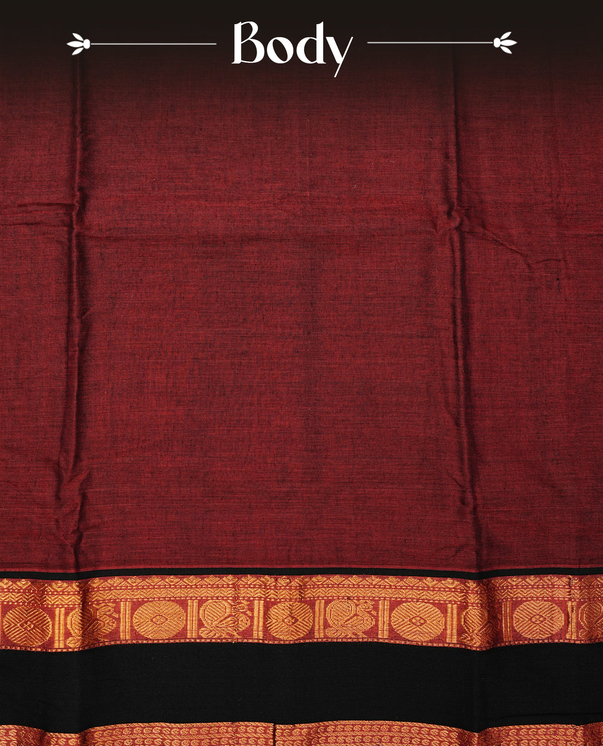 Dark Red colour Narayanapattu cotton saree with a plain body, complemented by a Green Colour with Gold zari border & contrast pallu, paired with a matching blouse piece.