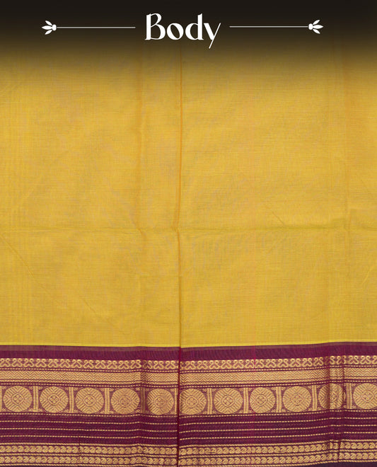 Olive Colour Chettinad Cotton Saree with a plain body, contrast Wine colour with gold zari border, Paired with a matching blouse piece.