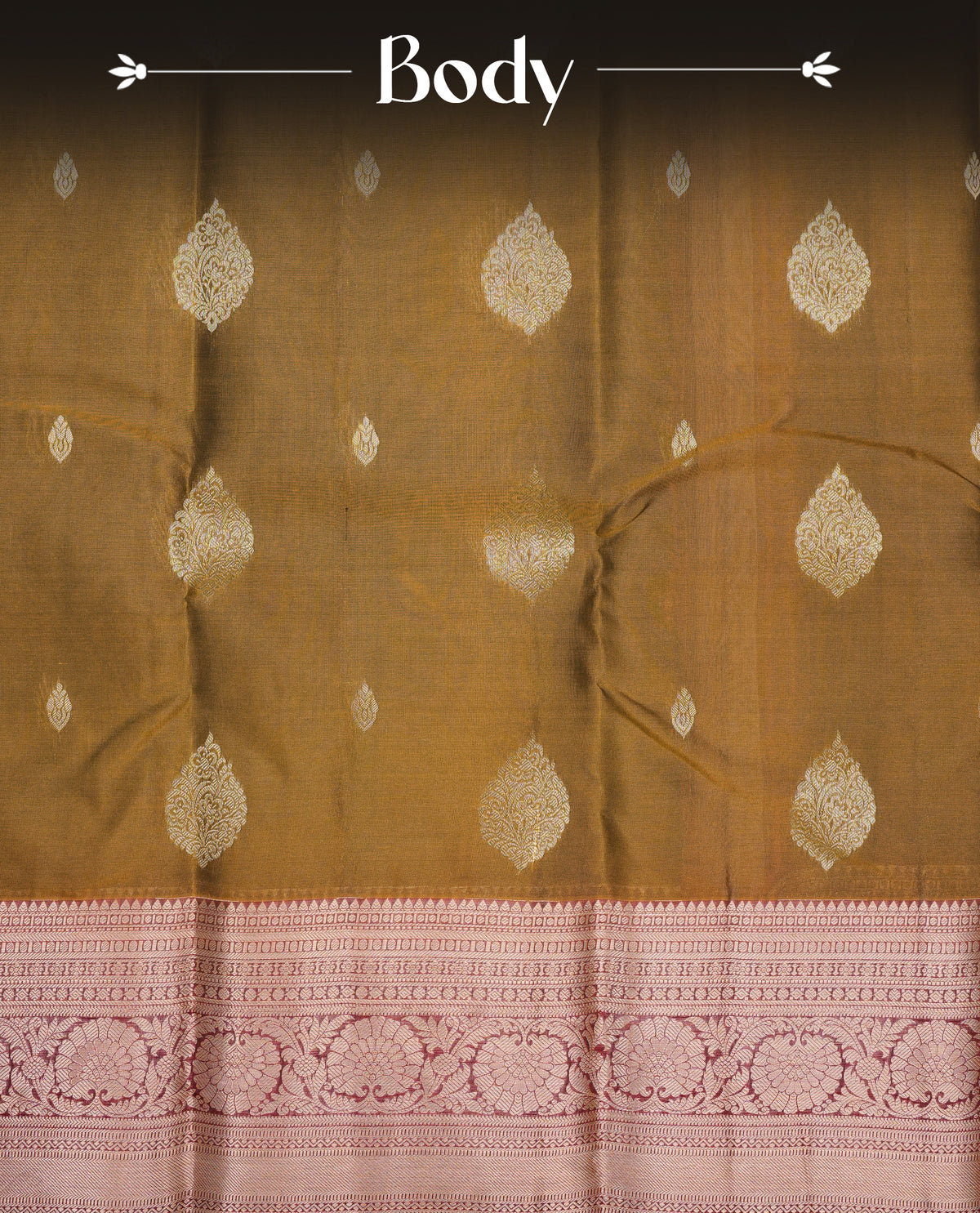 Mustard Olive Colour Traditional Kancheepuram Silk Saree with Elegant Gold Zari Buttas on the Body, Enhanced with a Contrast Maroon Colour  with Gold Zari Floral Border and Pallu, Paired with a Matching Blouse Piece.