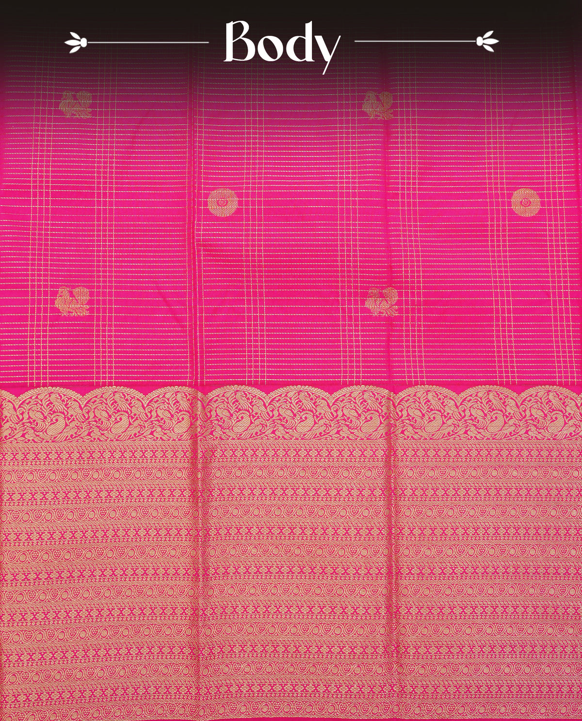 Magenta colour soft silk saree featuring gold zari checks with buttas on body, contrast by self colour gold zari peacock traditional border, grand pallu comes with matching blouse piece.