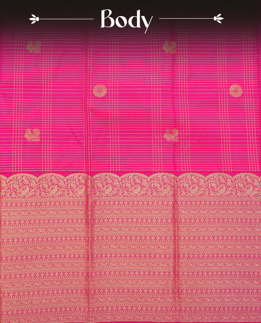 Magenta colour soft silk saree featuring gold zari checks with buttas on body, contrast by self colour gold zari peacock traditional border, grand pallu comes with matching blouse piece.