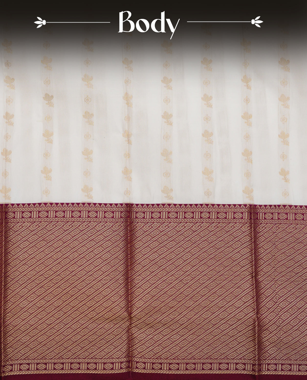 Off white colour silk saree featuring gold zari buttas on body, contrast maroon with gold zari traditional border, contrast grand pallu comes with matching blouse piece .