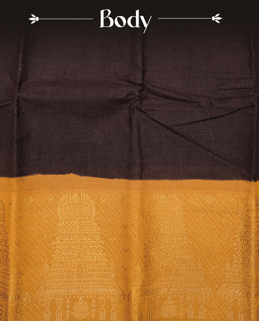 Dark Brown colour Sungudi cotton saree with a plain body, a contrast Mustard with temple zari border & pallu ,paired with a matching blouse piece.