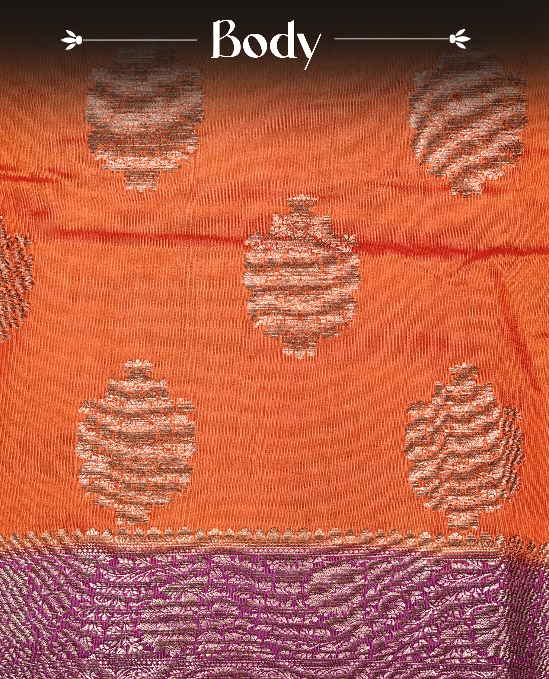 Orange Colour Tussar Silk saree with elegant antique zari floral motifs On Body, a contrasting Magenta zari border, a rich zari pallu, Paired With a matching  blouse piece.