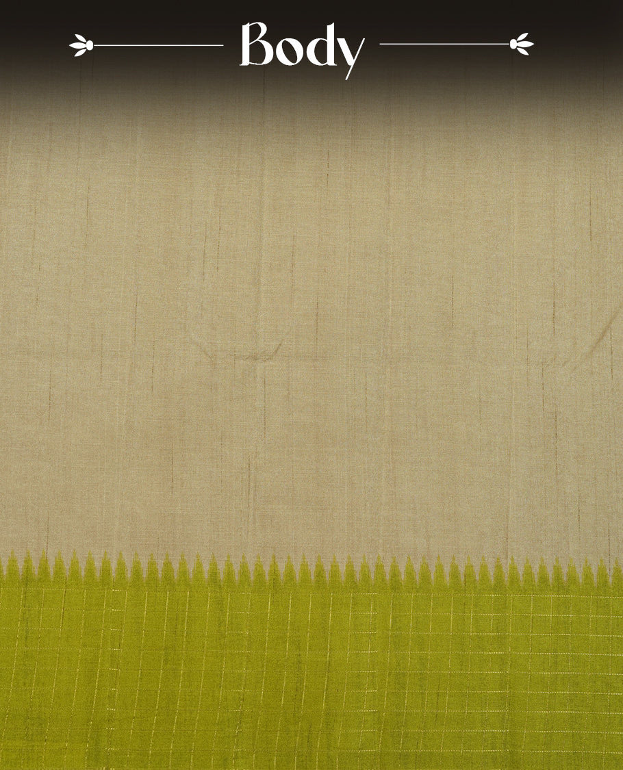 Beige colour semi tussar saree highlighting elegant plain body, contrast green colour border with gold zari box pattern, pallu and comes with matching blouse piece.
