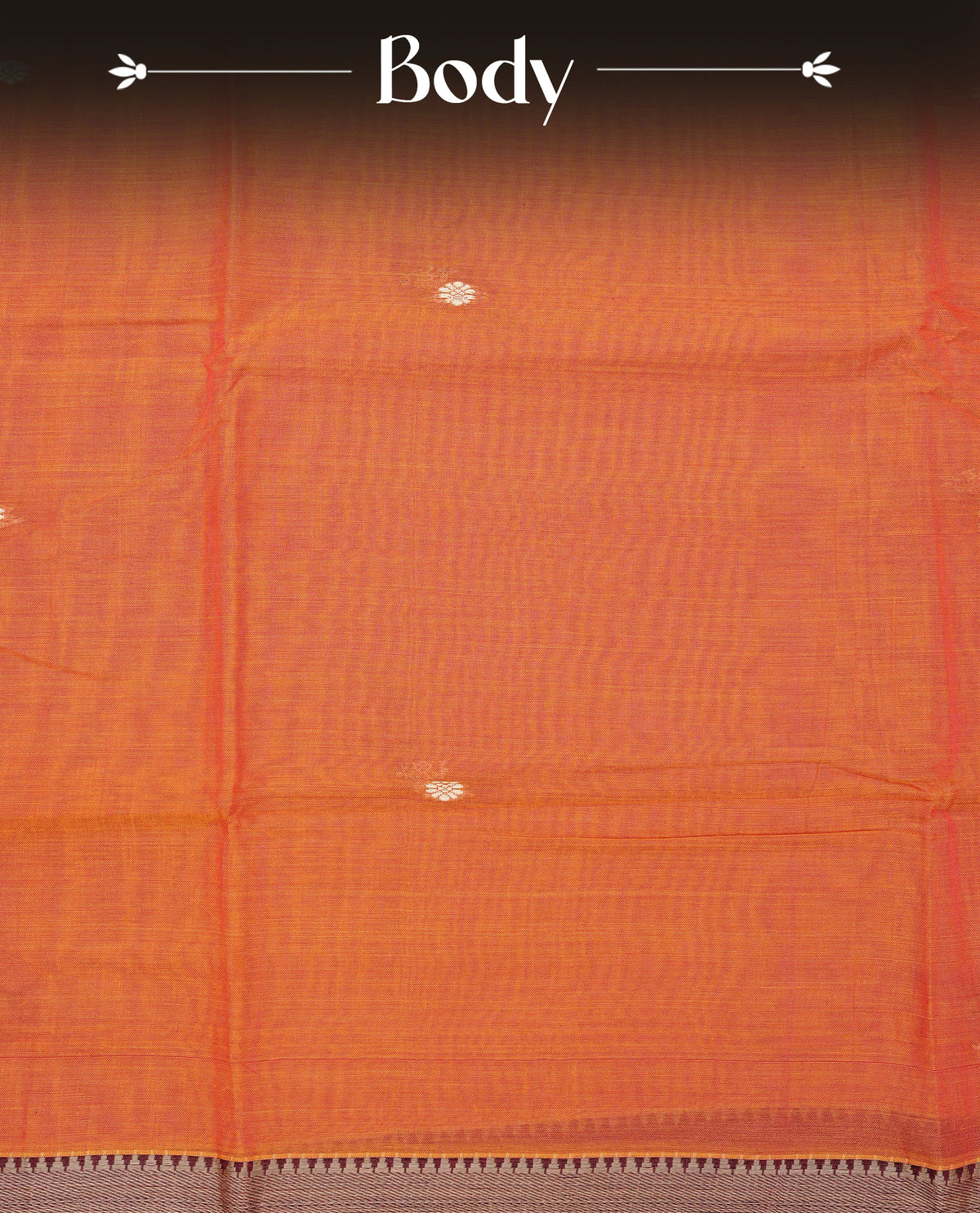 Orange colour Narayanapattu Cotton Saree Featuring  Cream Colour Buttas on body, grey  & maroon colour temple designed  border, contrast striped pallu, Paired with a matching blouse piece.