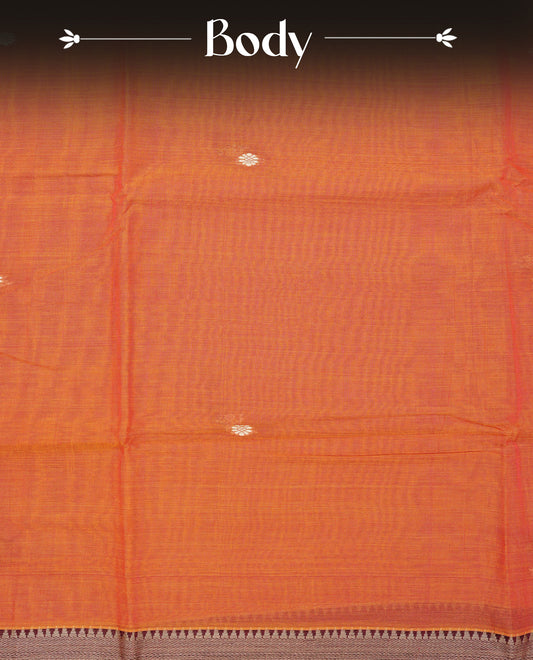 Orange colour Narayanapattu Cotton Saree Featuring  Cream Colour Buttas on body, grey  & maroon colour temple designed  border, contrast striped pallu, Paired with a matching blouse piece.