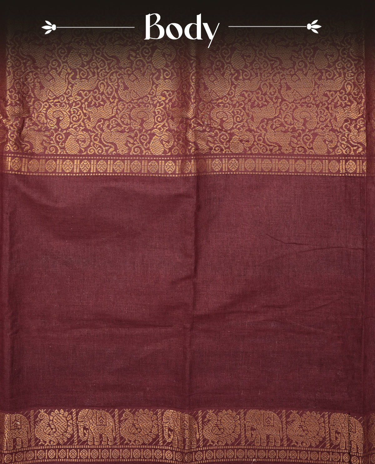 Maroon Colour Sungudi Cotton Saree with gold zari elephant & Peacock motifs on the body, a self zari border, and a rich gold zari pallu. Paired with a Contrast Green colour blouse Piece featuring a gold zari border.
