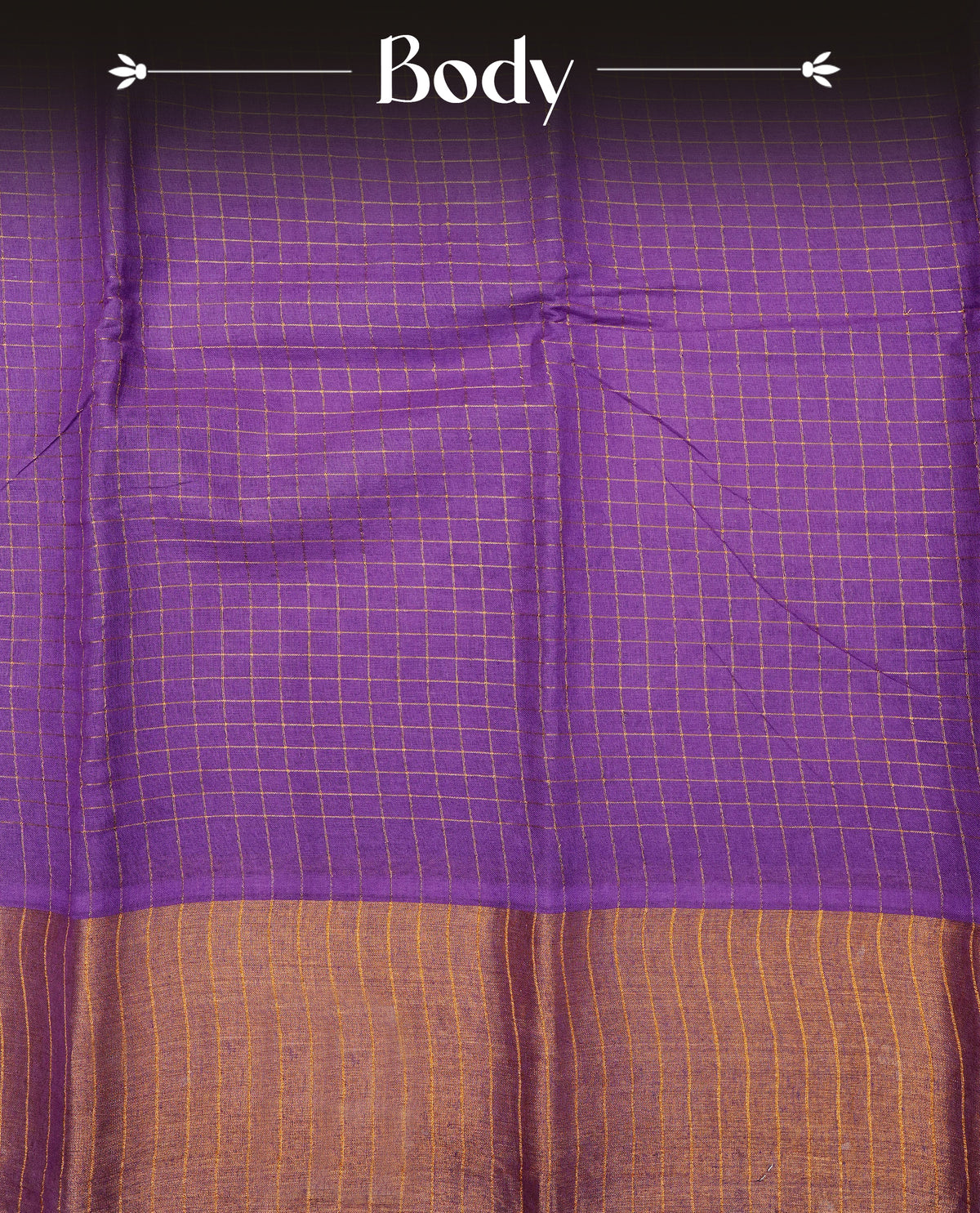 Violet Sungudi cotton saree featuring elegant gold zari checks across the body, complemented by a contrast gold zari border. Comes with a matching blouse piece.