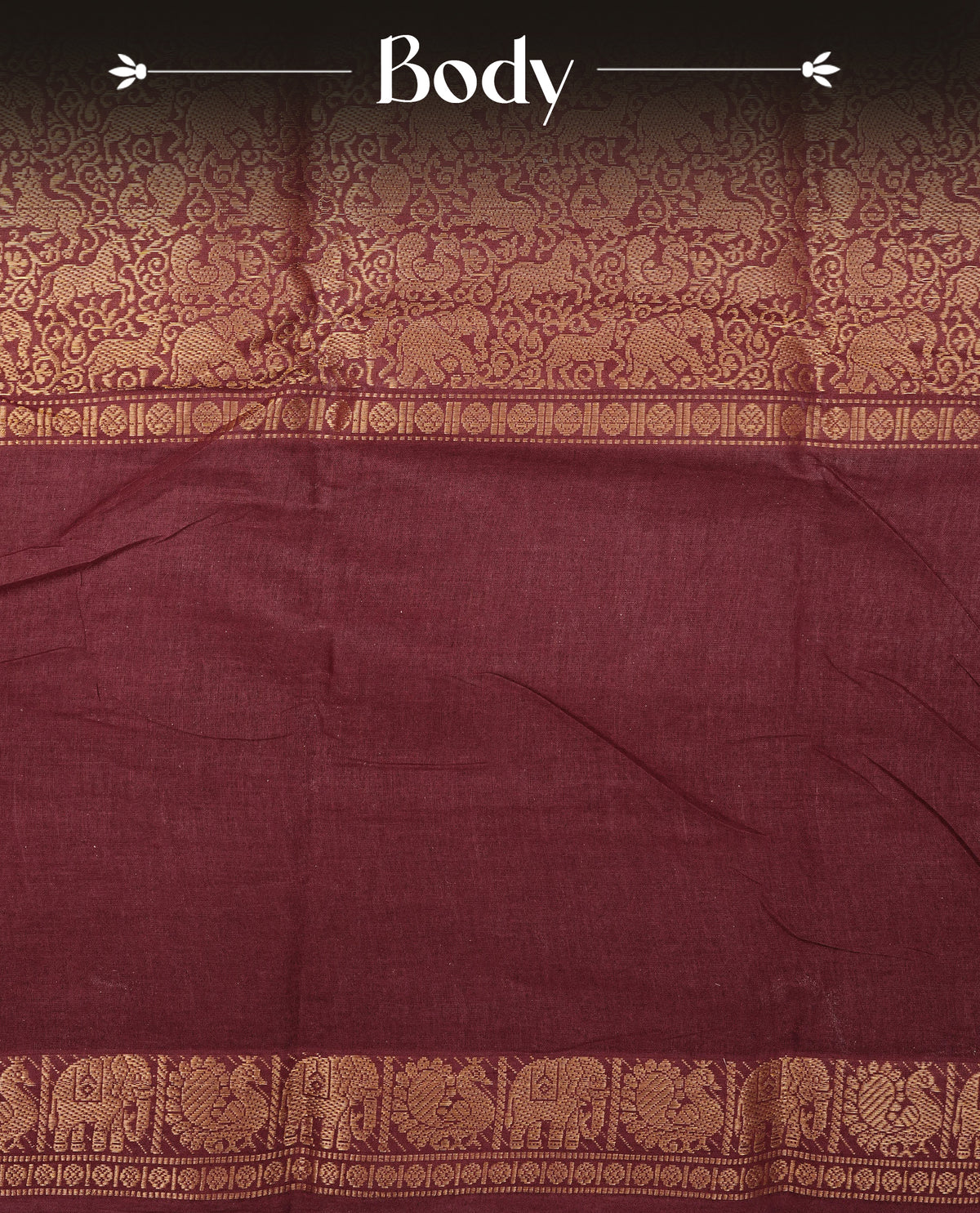 Maroon Colour Sungudi Cotton Saree with gold zari elephant & Peacock motifs on the body, a self zari border, and a rich gold zari pallu. Paired with a Contrast Beige colour blouse Piece featuring a gold zari border.