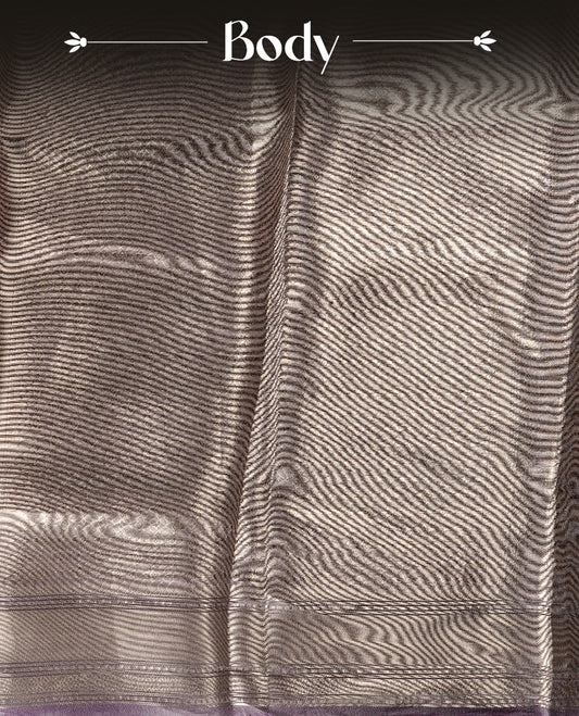 Lavender & silver double shade pure banaras tissue silk saree featuring silver zari pattern & stripes on body, complemented by silver zari traditional border, paired with matching blouse piece.