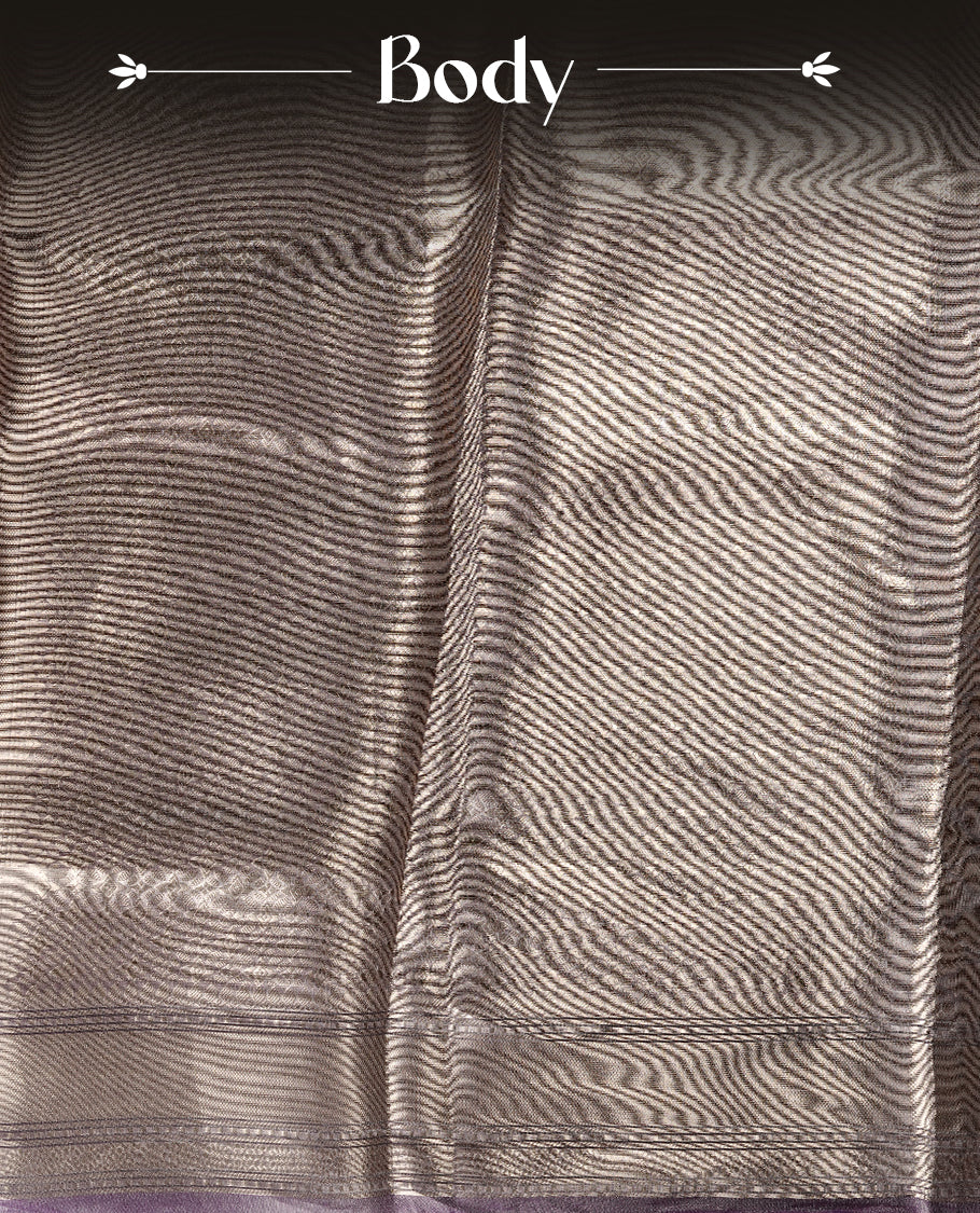 Lavender & silver double shade pure banaras tissue silk saree featuring silver zari pattern & stripes on body, complemented by silver zari traditional border, paired with matching blouse piece.