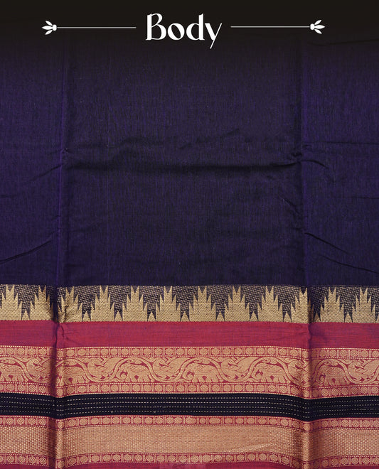 Dark Purple colour Narayanapattu cotton saree with a plain body, complemented by a magenta border featuring gold zari temple and elephant motifs & a contrast pallu, paired with a matching blouse piece.