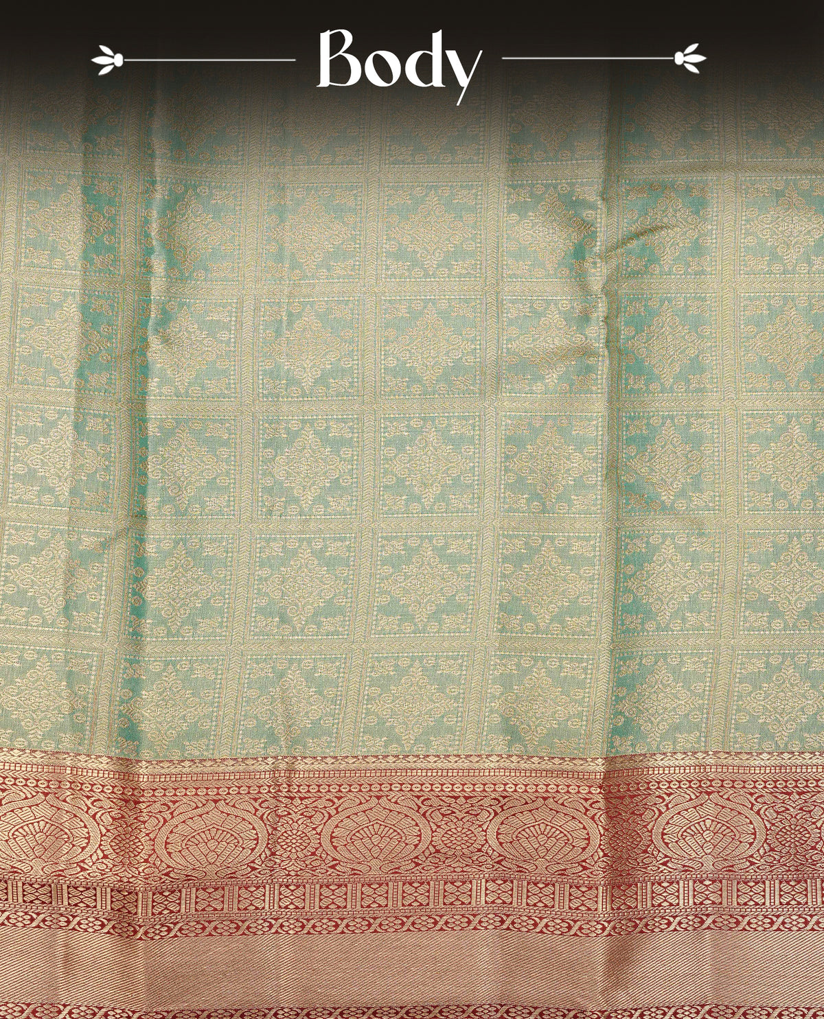 Green colour Semi Tissue Silk Saree featuring gold zari Works on the body, complemented by an intricately woven gold zari pallu, a rich Maroon border with gold zari work and paired with a matching plain blouse piece.