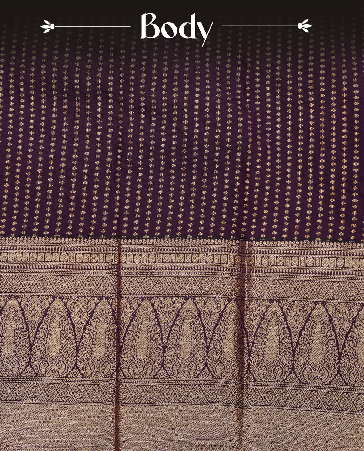 Dark purple colour soft silk saree featuring gold zari buttas on body, contrast self colour gold zari traditional border, grand pallu comes with matching blouse piece.