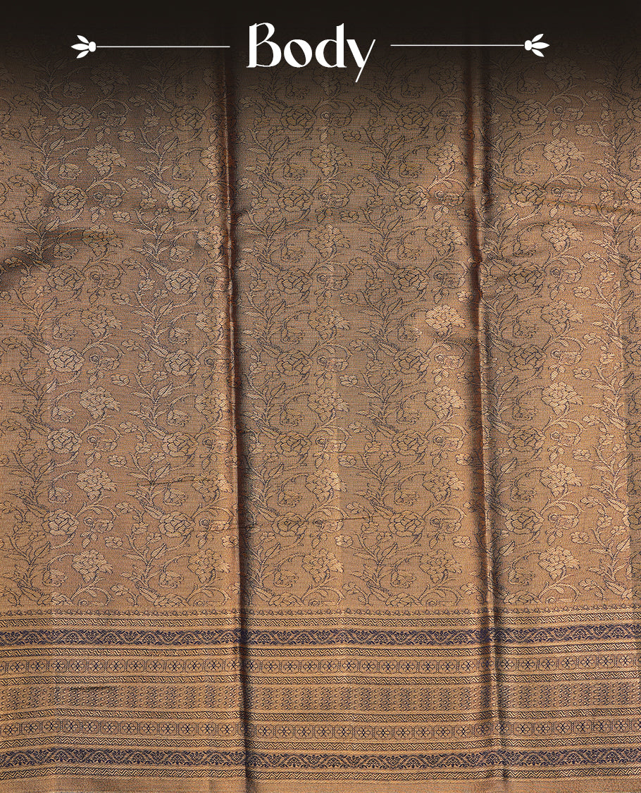 Dark blue & Gold colour semi tissue silk saree featuring gold zari pattern on body, self colour with gold zari traditional border, paired with matching blouse piece.