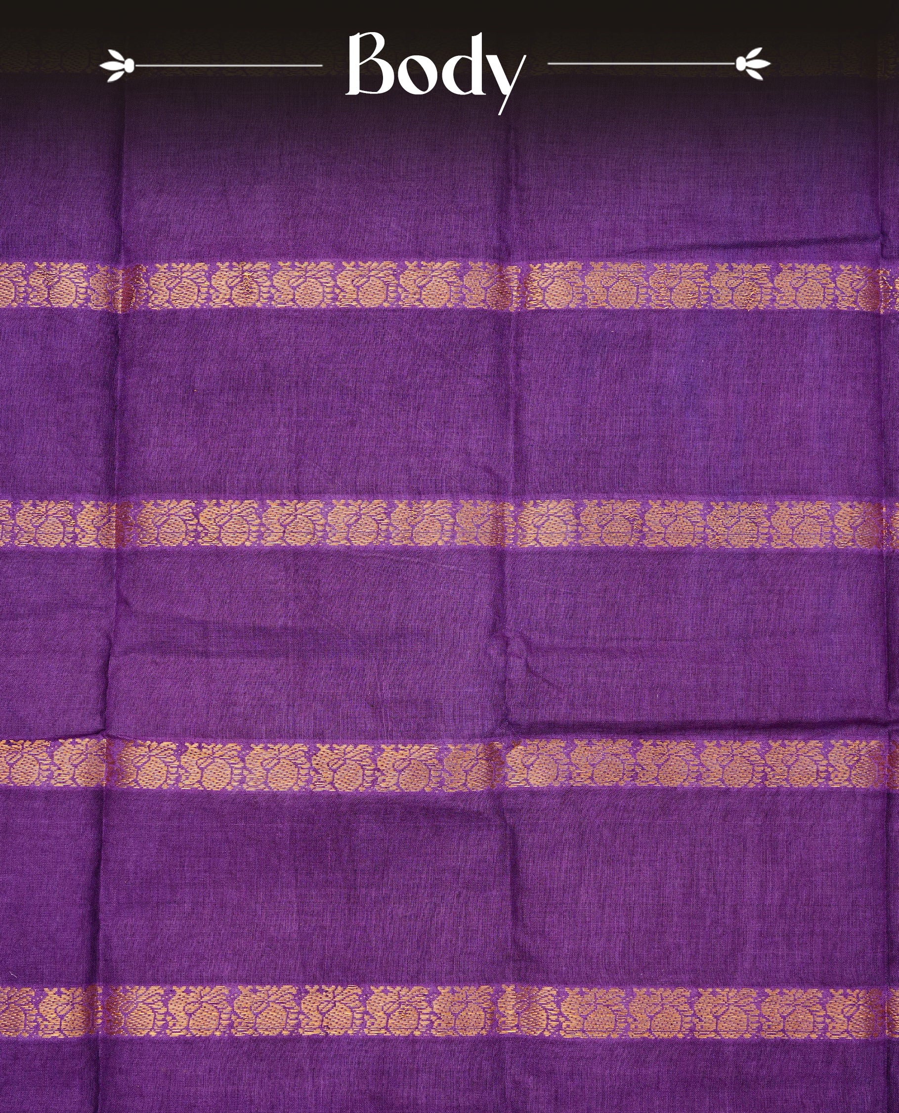 Violet Sungudi cotton saree featuring elegant gold zari striped Peacock pattern across the body, complemented by a contrast border. Paired with a matching blouse piece