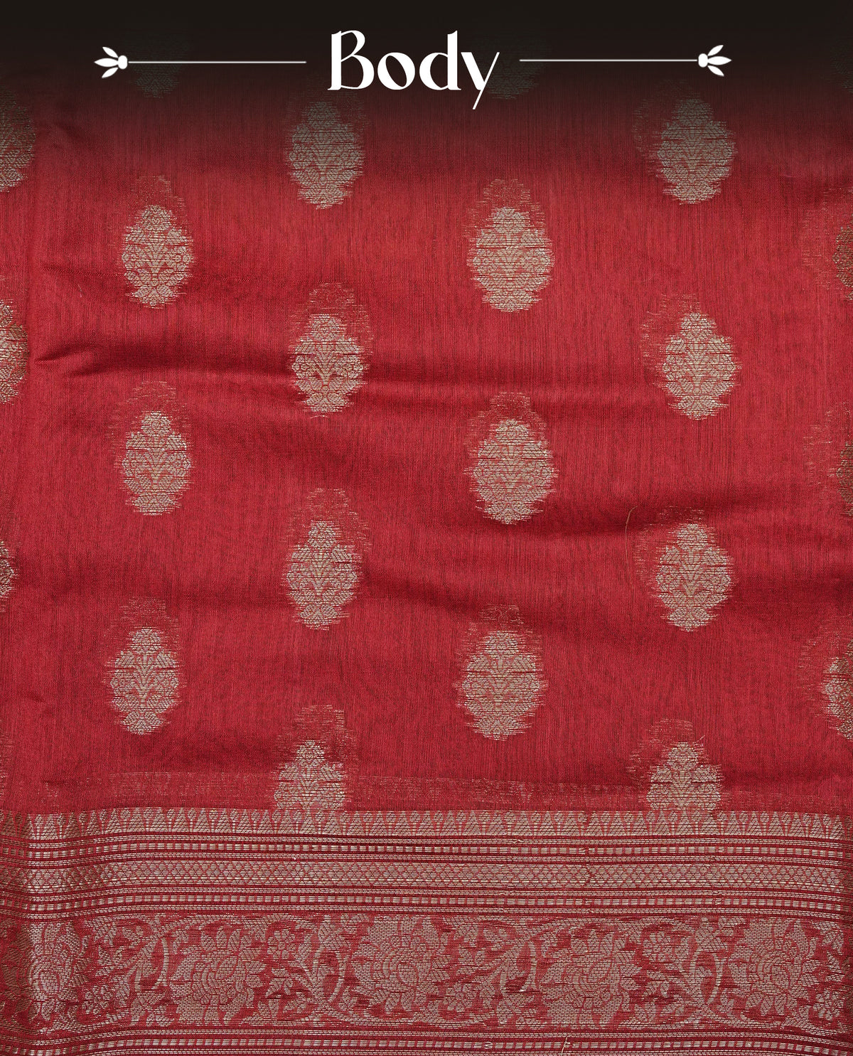 Red colour Banaras silk saree featuring gold zari motifs on body, complemented by contrast self colour with zari border, comes with matching blouse piece.