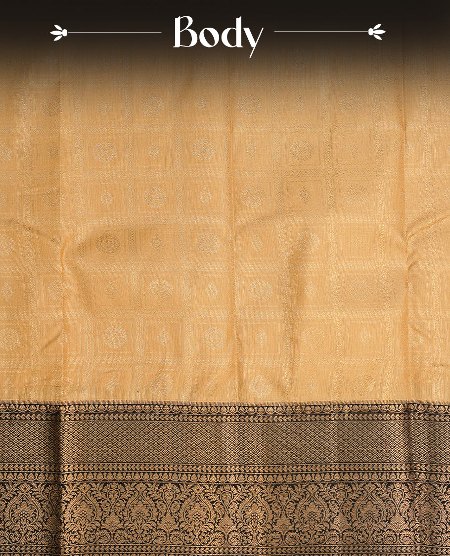 Gold colour semi wedding saree featuring gold zari check with motifs on body, contrast black colour with traditional border, paired with matching blouse piece.