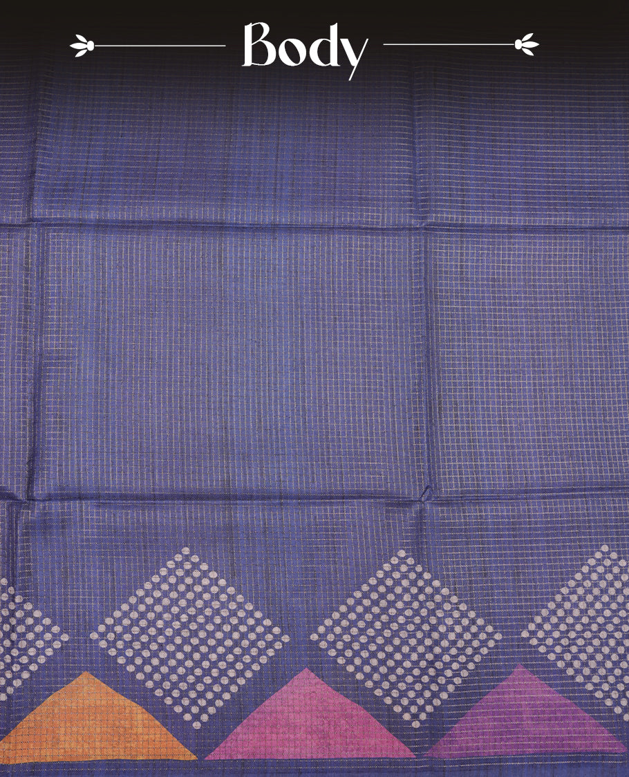 Blue colour semi tussar silk saree with fine striped texture and a subtle geometric body design. Finished with a classic striped pallu and tassel edges.