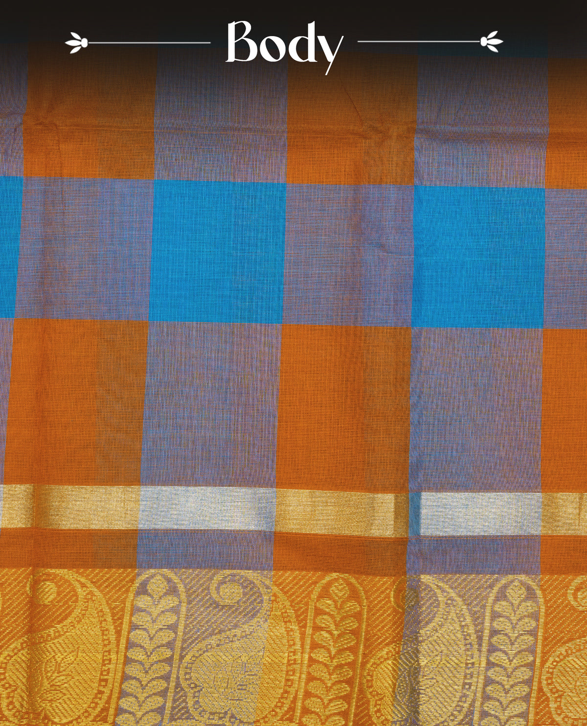 Rust orange & Blue colour Chettinad cotton saree featuring a check pattern on the body, complemented by a self-colour gold zari border, comes with a matching blouse piece