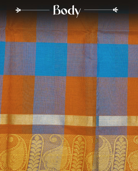Rust orange & Blue colour Chettinad cotton saree featuring a check pattern on the body, complemented by a self-colour gold zari border, comes with a matching blouse piece