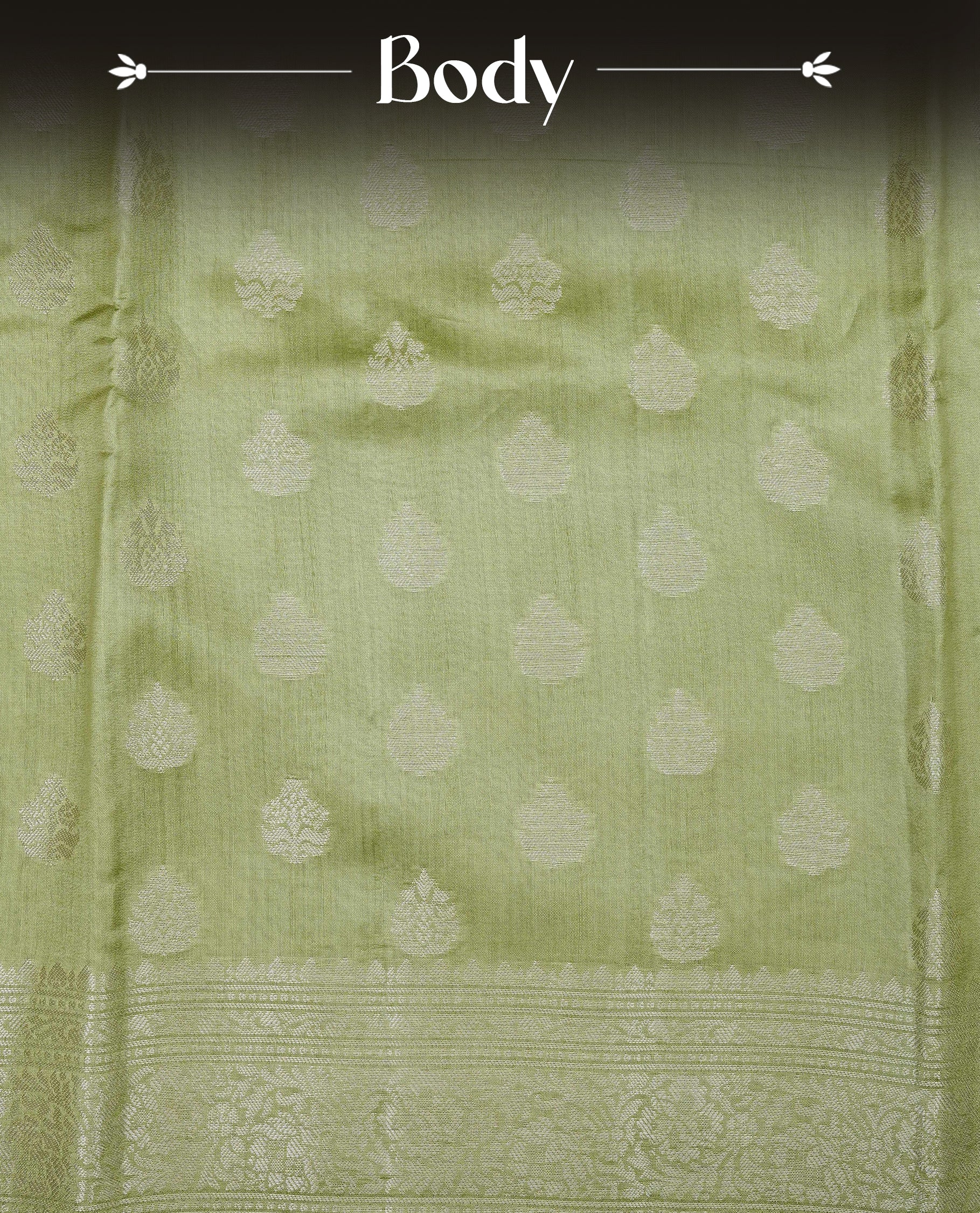 Pastel Gren Colour Tussar silk saree with silver zari buttas On Body, a Contrast  Self Coloured zari border and pallu, Paired With a matching blouse piece.