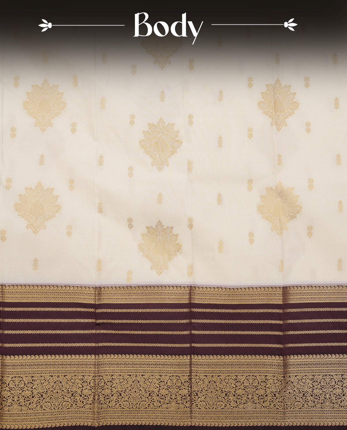 Cream colour soft silk saree featuring gold zari floral motifs & buttas on body, contrast brown colour gold zari traditional border, grand pallu comes with matching blouse piece.