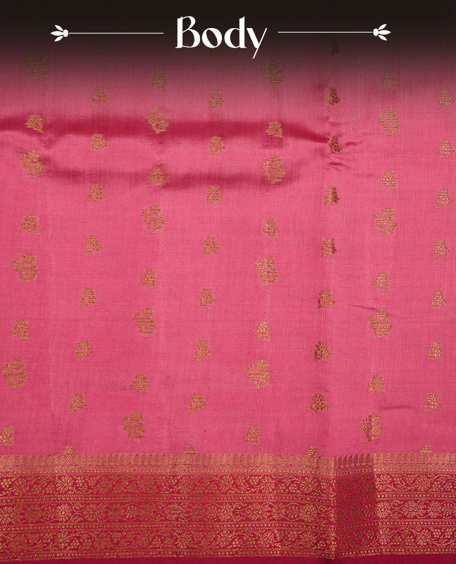 Pink colour Pure banaras soft silk saree featuring Antique zari motifs on body, contrast magenta colour border , traditional pallu and paired with matching blouse