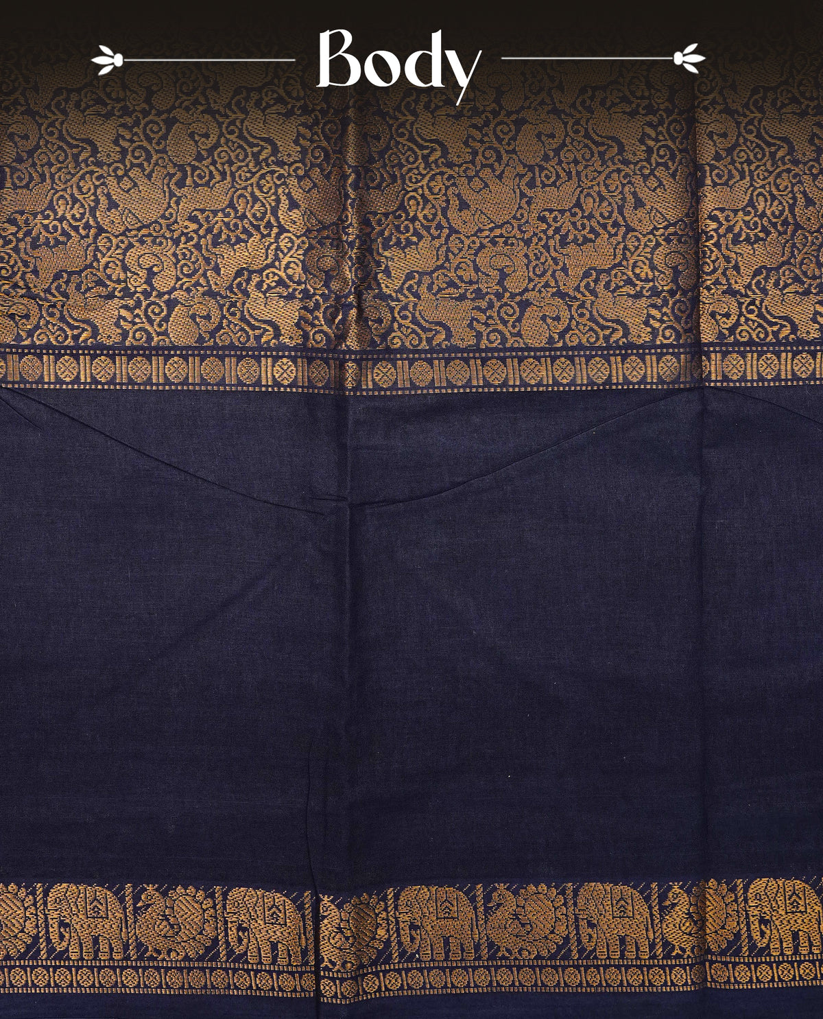 Navy Blue  Colour Sungudi Cotton Saree with gold zari elephant & Peacock motifs on the body, a self zari border, and a rich gold zari pallu. Paired with a Contrast Pink colour blouse Piece featuring a gold zari border.
