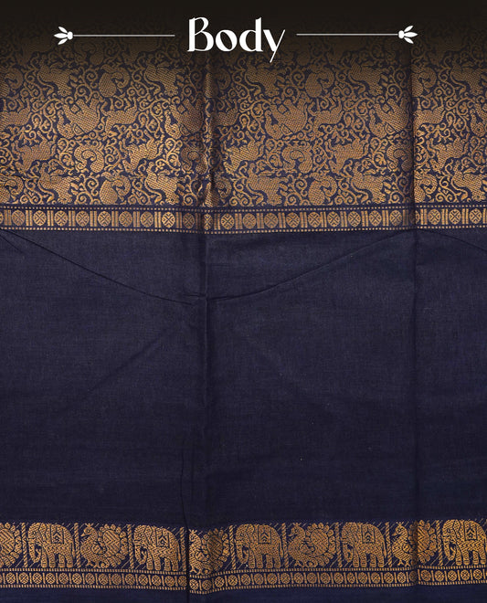 Navy Blue  Colour Sungudi Cotton Saree with gold zari elephant & Peacock motifs on the body, a self zari border, and a rich gold zari pallu. Paired with a Contrast Pink colour blouse Piece featuring a gold zari border.